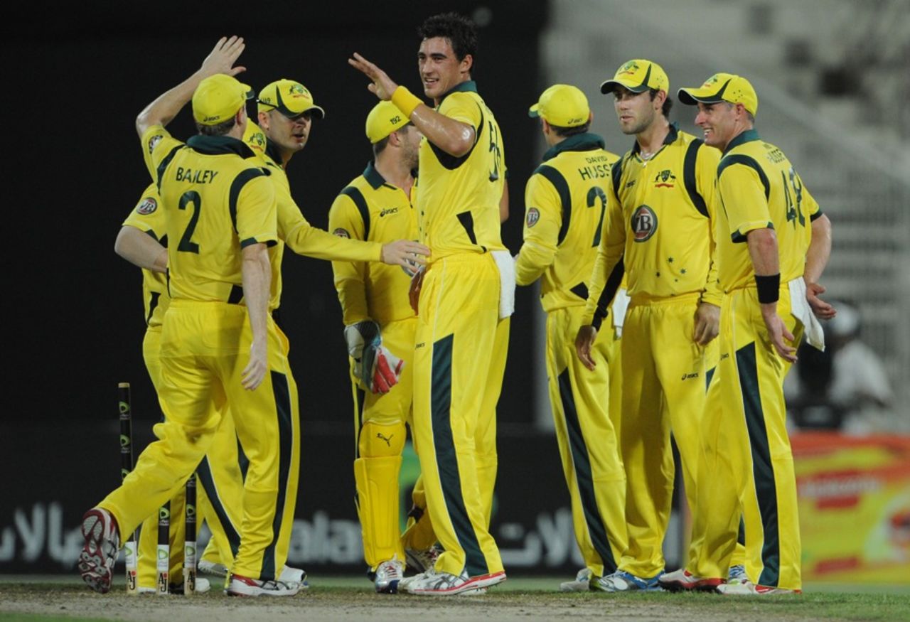 Mitchell Starc celebrates after dismissing Karim Sadiq, Afghanistan v Australia, only ODI, Sharjah