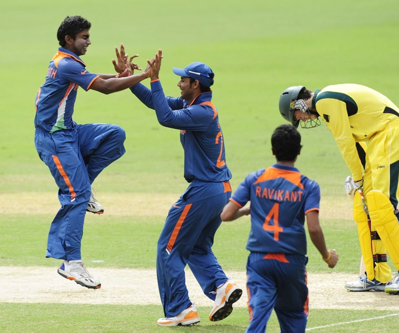 ﻿Baba Aparajith celebrates the dismissal of Kurtis Patterson, Australia v India, ICC U-19 World Cup, final, Townsville