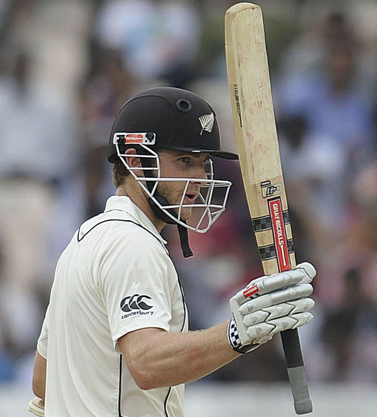 Kane Williamson acknowledges his fifty, India v New Zealand, 1st Test, Hyderabad, 4th day, August 26, 2012