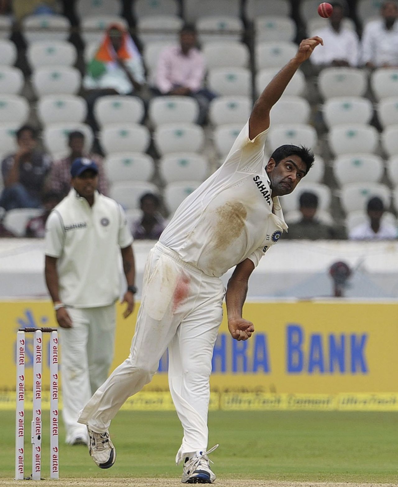 R Ashwin bowls during the second innings, India v New Zealand, 1st Test, Hyderabad, 4th day, August 26, 2012