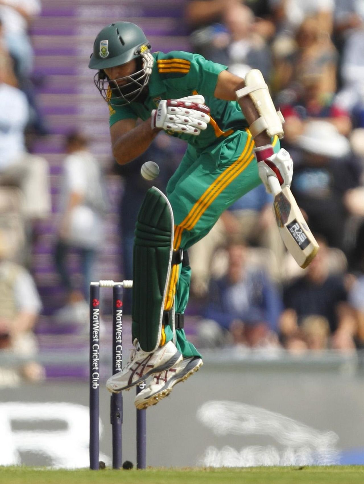 Hashim Amla is tucked up by a short delivery in a testing opening spell, England v South Africa, 2nd NatWest ODI, West End, August 28, 2012
