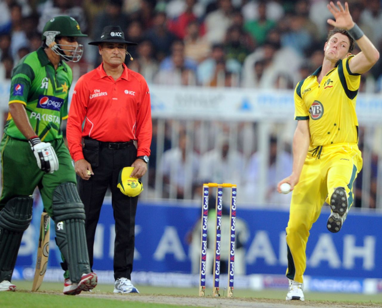 James Pattinson bowls as non-striker Nasir Jamshed looks on, Pakistan v Australia, 1st ODI, Sharjah, August 28, 2012