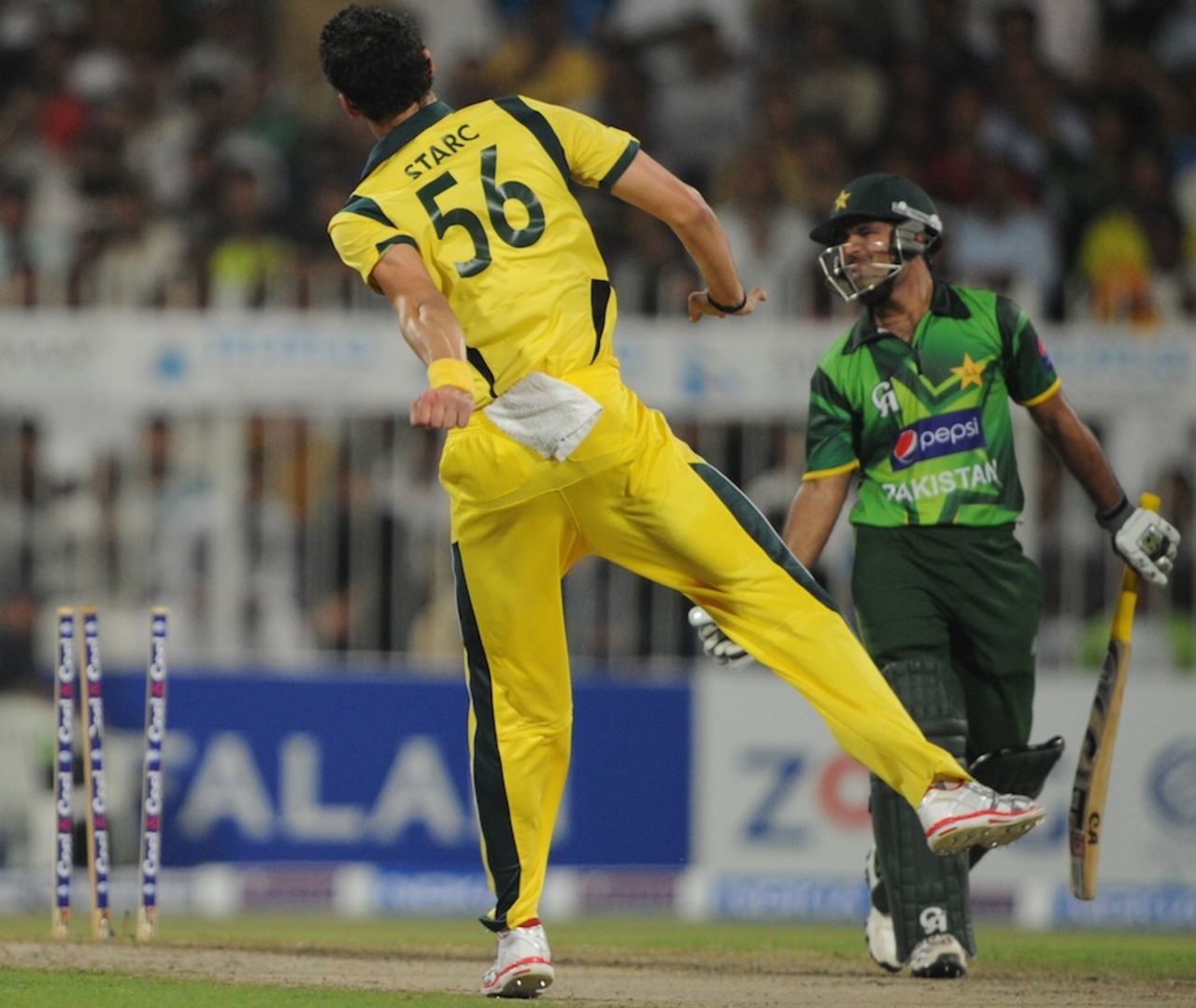 Mitchell Starc exults after taking Asad Shafiq's wicket, Pakistan v Australia, 1st ODI, Sharjah, August 28, 2012