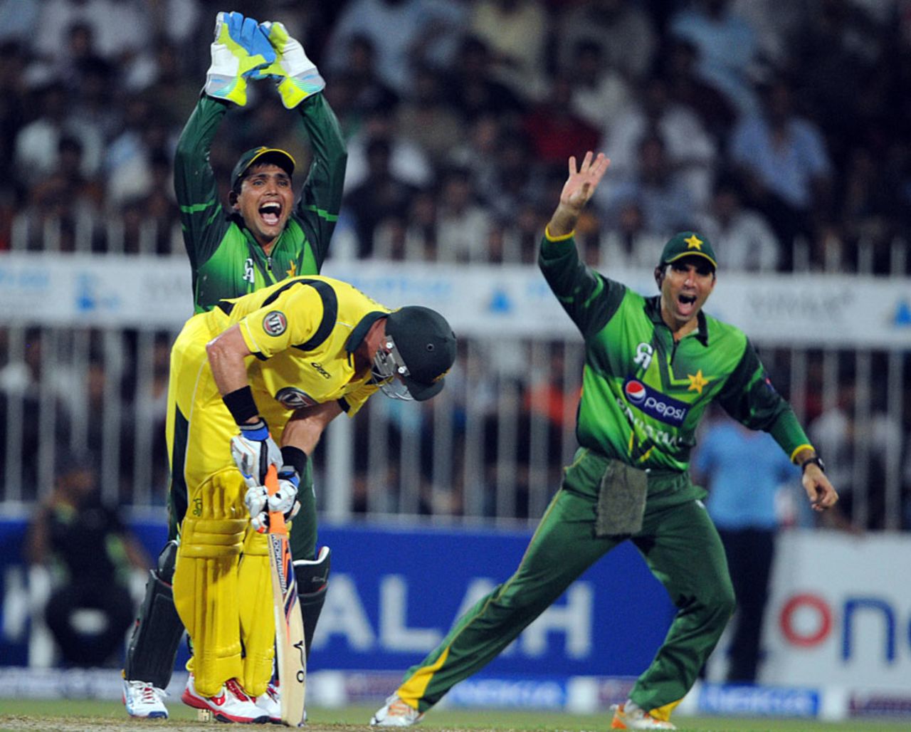 Michael Hussey was trapped lbw as Australia's batsmen struggled against spin, Pakistan v Australia, 1st ODI, Sharjah, August 28, 2012
