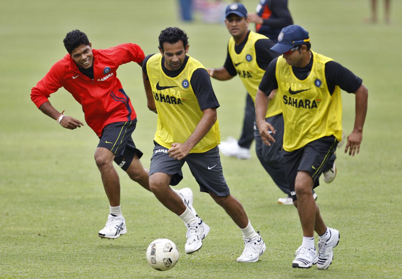 India warm up with a game of football, Bangalore, August 30, 2012