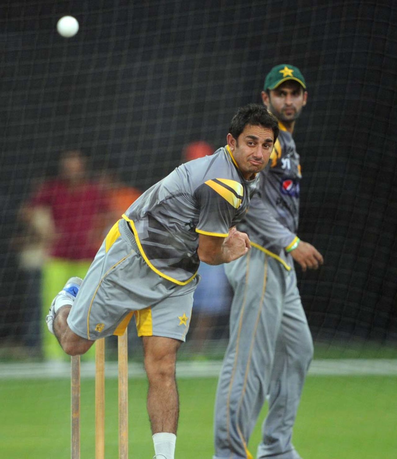 Saeed Ajmal bowls at a nets session, Abu Dhabi, August 30, 2012