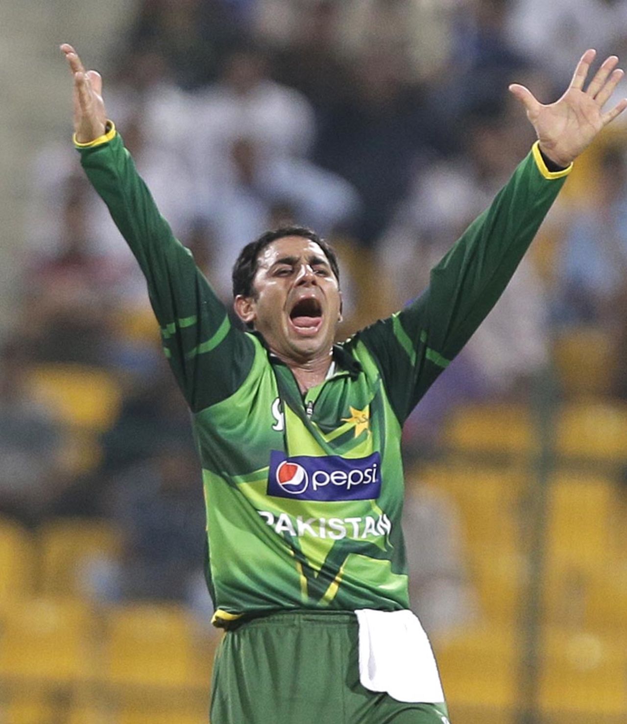 Saeed Ajmal reacts after claiming a wicket, Pakistan v Australia, 2nd ODI, Abu Dhabi, August 31, 2012