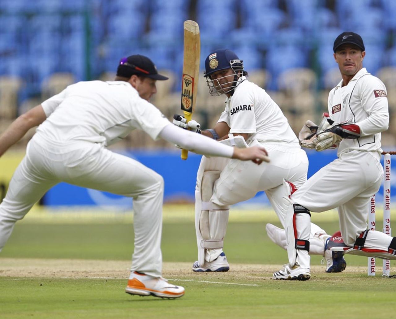 Sachin Tendulkar plays a ball to the leg side, India v New Zealand, 2nd Test, Bangalore, 2nd day, September 1, 2012