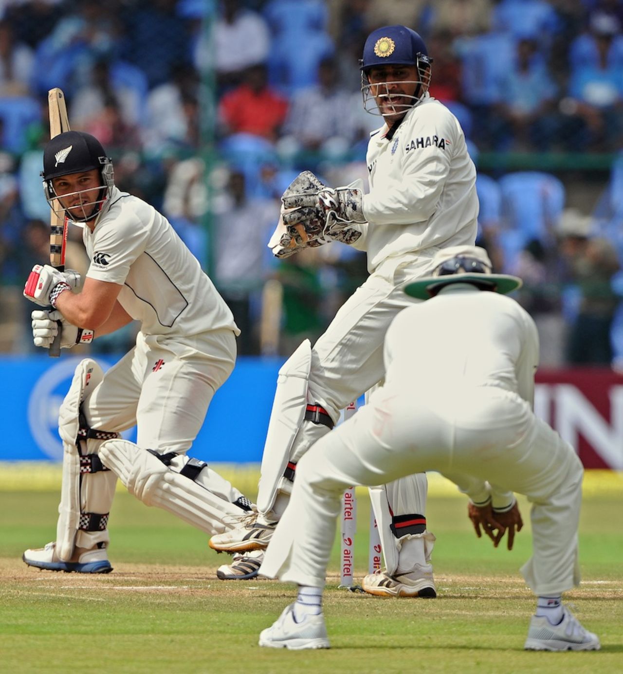 Daniel Flynn edges the ball into the hands of Virender Sehwag at slip, India v New Zealand, 2nd Test, Bangalore, 3rd day, September 2, 2012