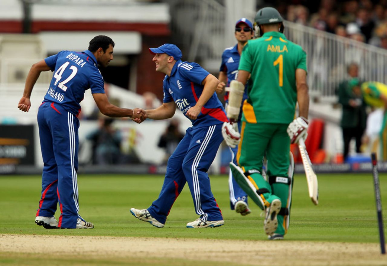 Ravi Bopara gets a handshake from James Tredwell after bowling Hashim Amla, England v South Africa, 4th ODI, Lord's, September 2, 2012