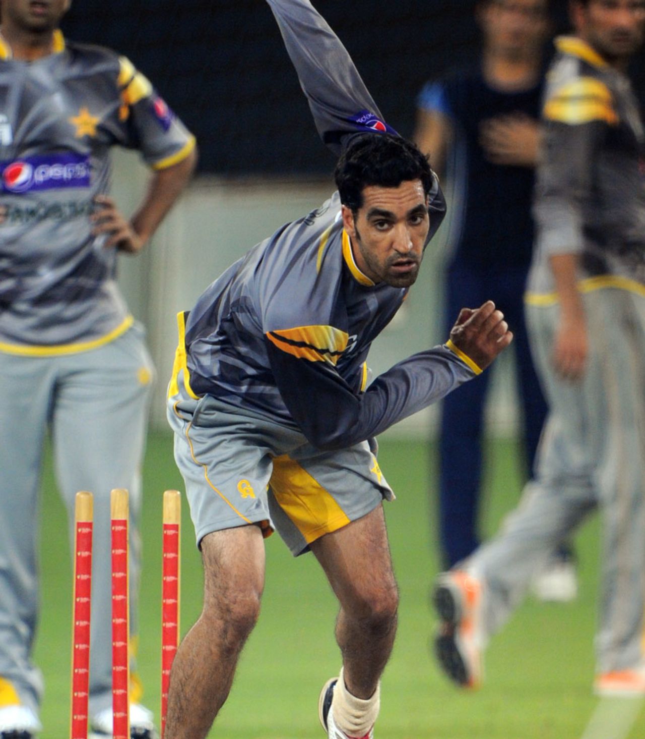 Umar Gul bowls at a nets session, Dubai, September 4, 2012