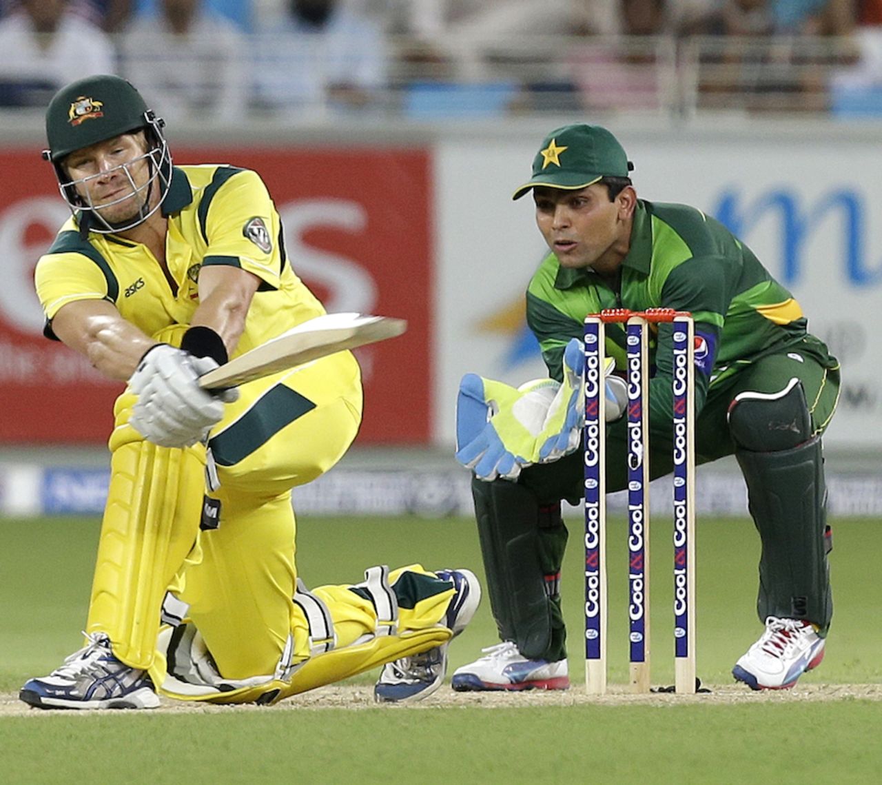 Shane Watson plays a sweep shot, Pakistan v Australia, 1st T20I, Dubai, September 5, 2012