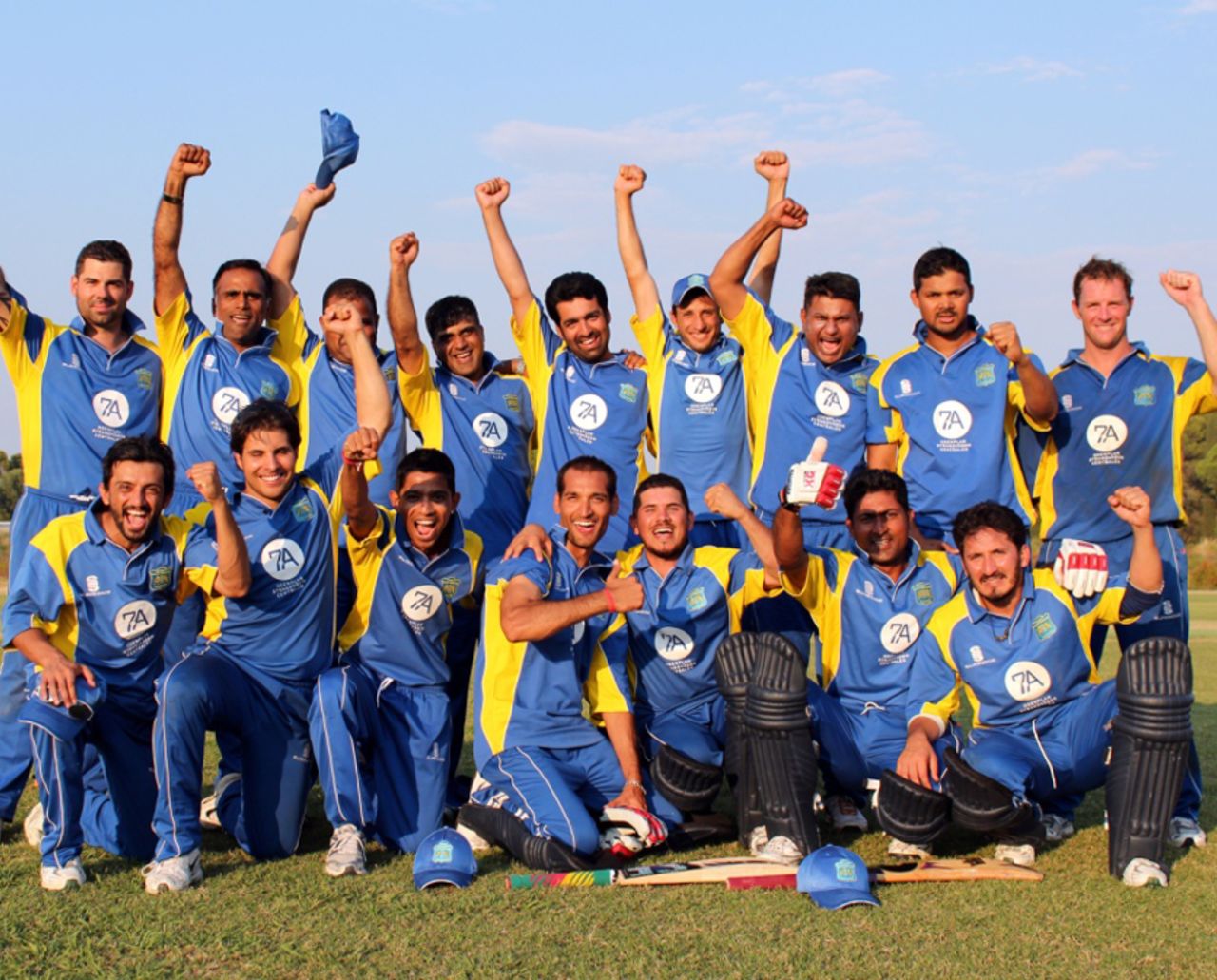 Sweden celebrate their win over Spain and their subsequent promotion to the European Division One, Spain v Sweden, semi-final, European Championship Division Two Twenty20 2012, Corfu, September 7, 2012