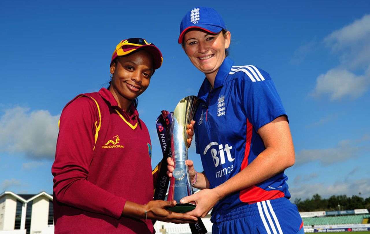 Merissa Aguilleira and Charlotte Edwards pose with the NatWest series trophy, England Women v West Indies Women, 1st T20I, Chester-le-Street, September 8, 2012