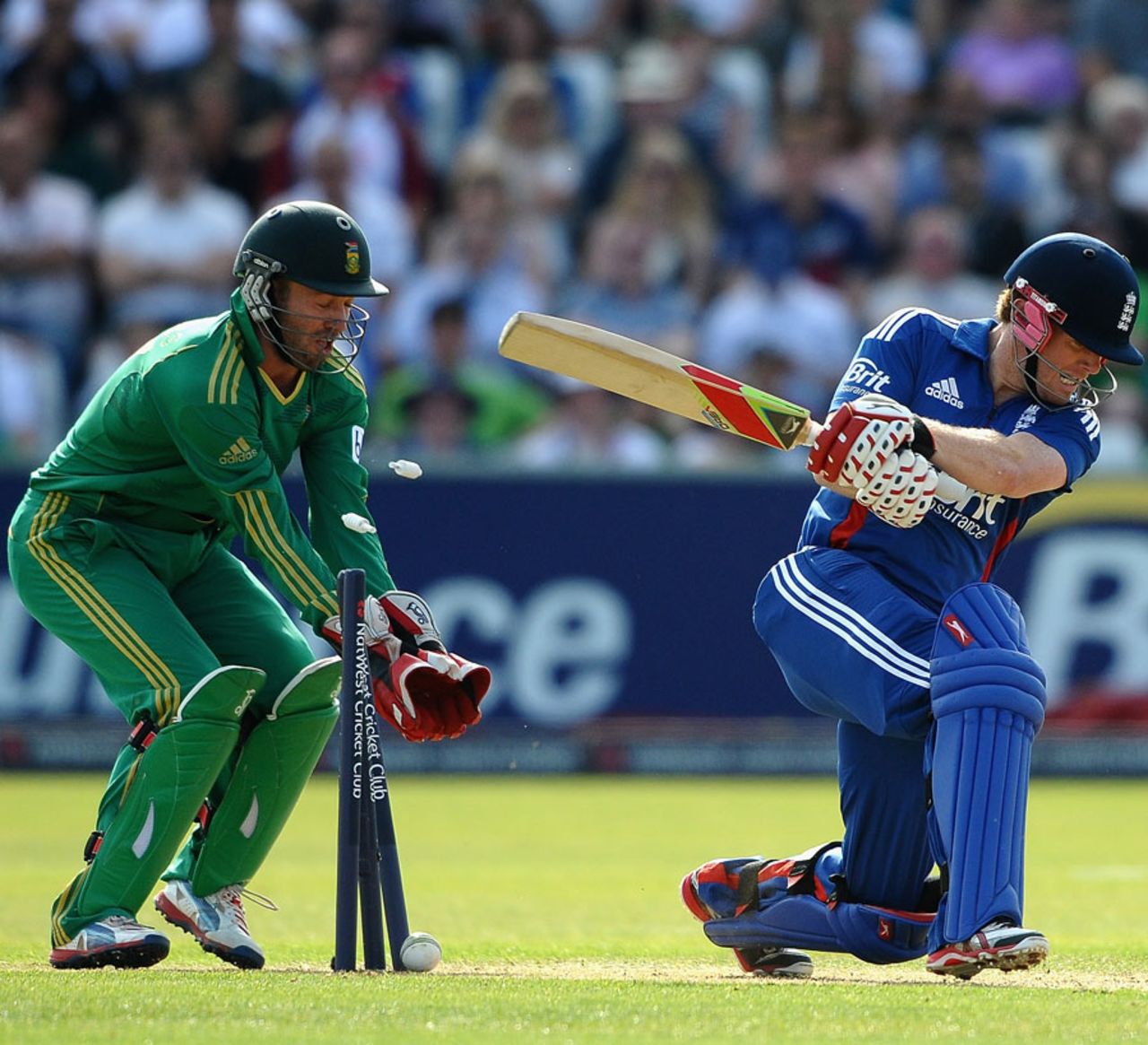 Eoin Morgan drags onto his own stumps, England v South Africa, 1st NatWest T20I, Chester-le-Street, September 8, 2012