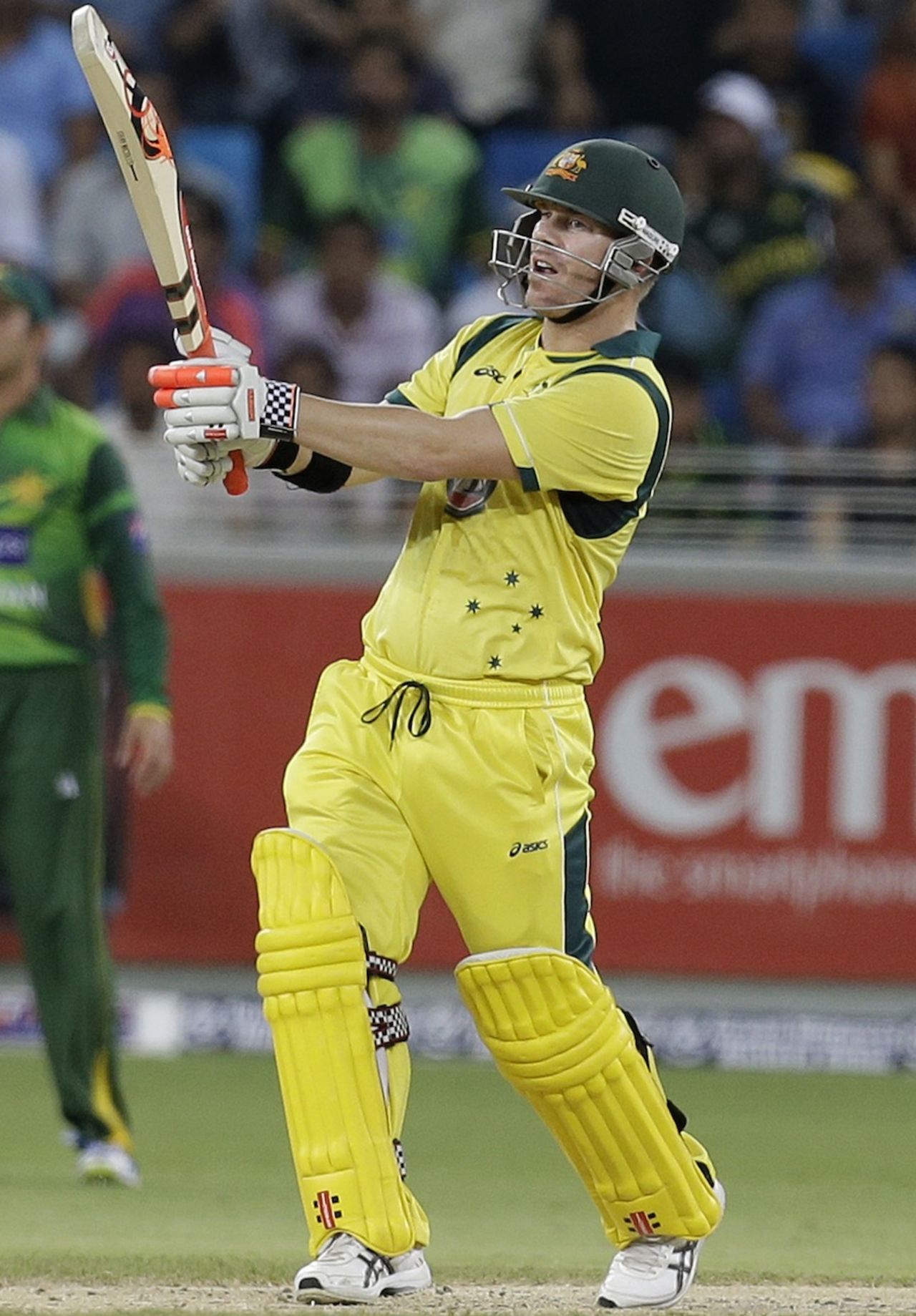 David Warner heaves one through leg-side, Pakistan v Australia, 3rd T20I, Dubai, September 10, 2012