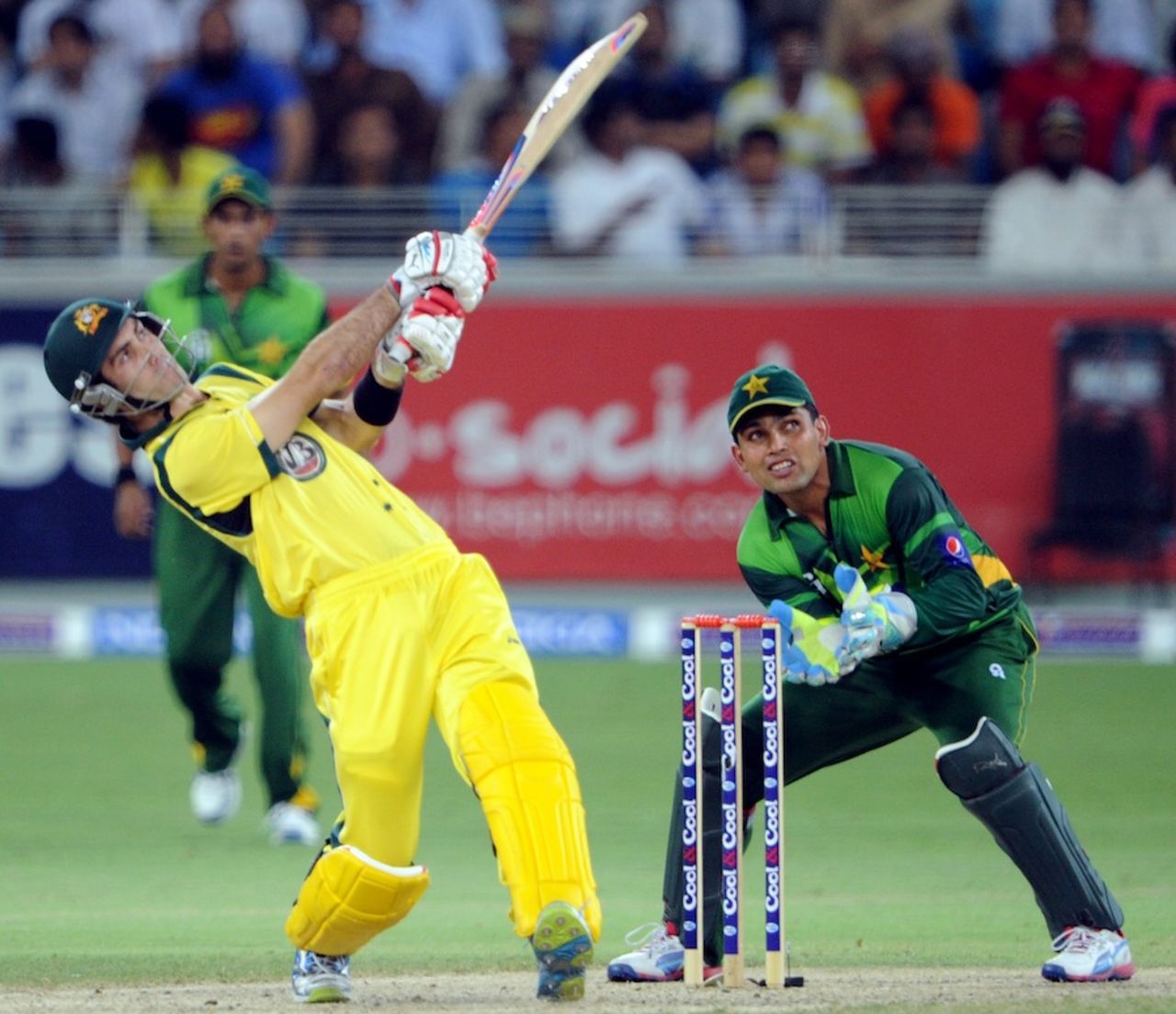 Glen Maxwell goes for a big shot, Pakistan v Australia, 3rd T20I, Dubai, September 10, 2012
