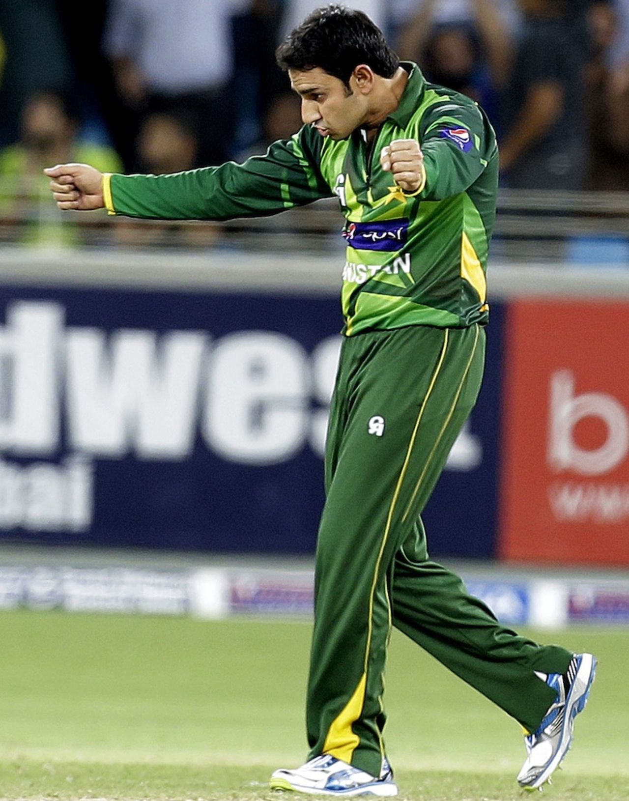 Saeed Ajmal picked up two wickets in his economical spell, Pakistan v Australia, 3rd T20I, Dubai, September 10, 2012