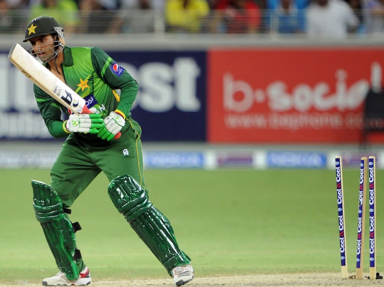 Shoaib Malik was left clueless by a quick delivery by Pat Cummins, Pakistan v Australia, 3rd T20I, Dubai, September 10, 2012