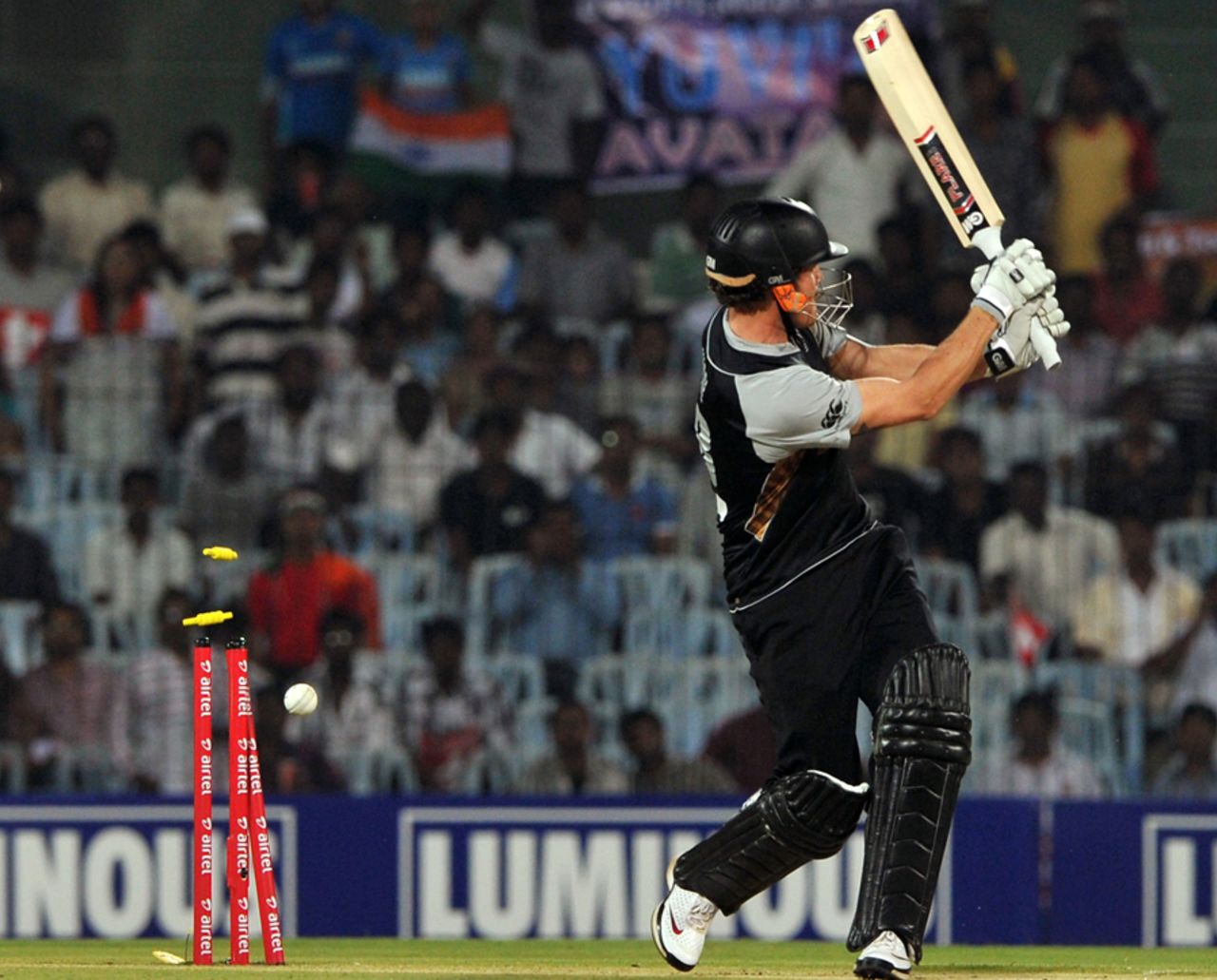 Opener Rob Nicol is bowled, India v New Zealand, 2nd T20I, Chennai, September 11, 2012