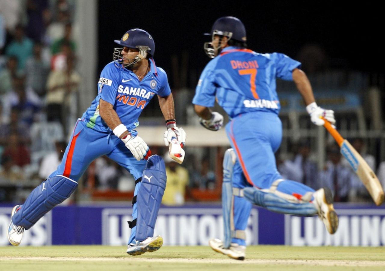 Yuvraj Singh and MS Dhoni scamper for a run, India v New Zealand, 2nd T20I, Chennai, September 11, 2012