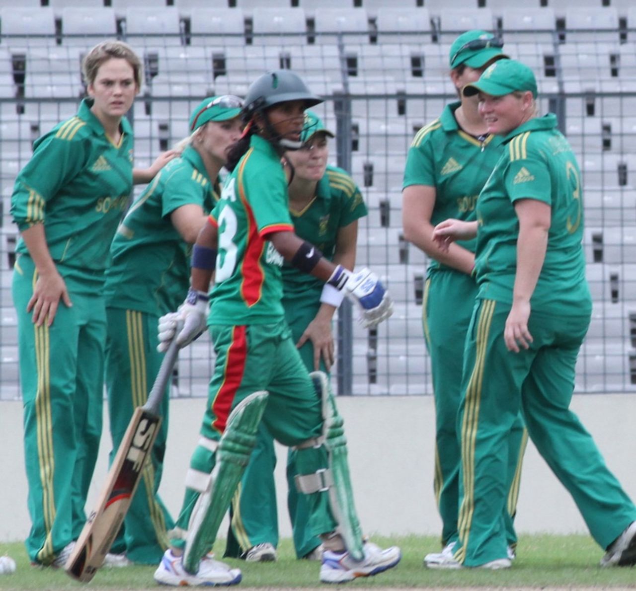 South Africa players celebrate the dismissal of Bangladesh captain Salma Khatun, Bangladesh Women v South Africa Women, 2nd T20I, Mirpur, September 12, 2012