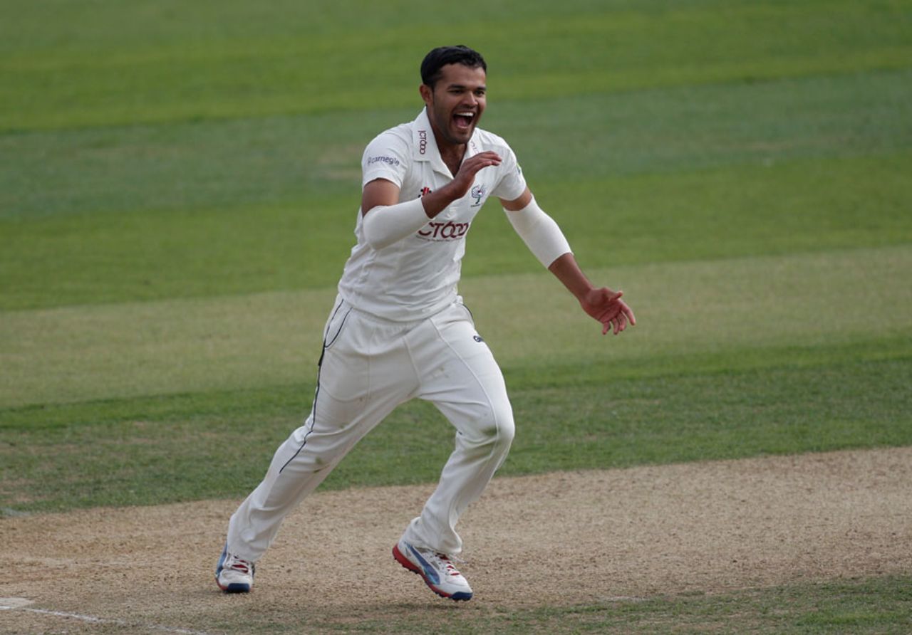Azeem Rafiq celebrates one of his three wickets, County Championship, Division Two, Chelmsford, 2nd day, September 12, 2012