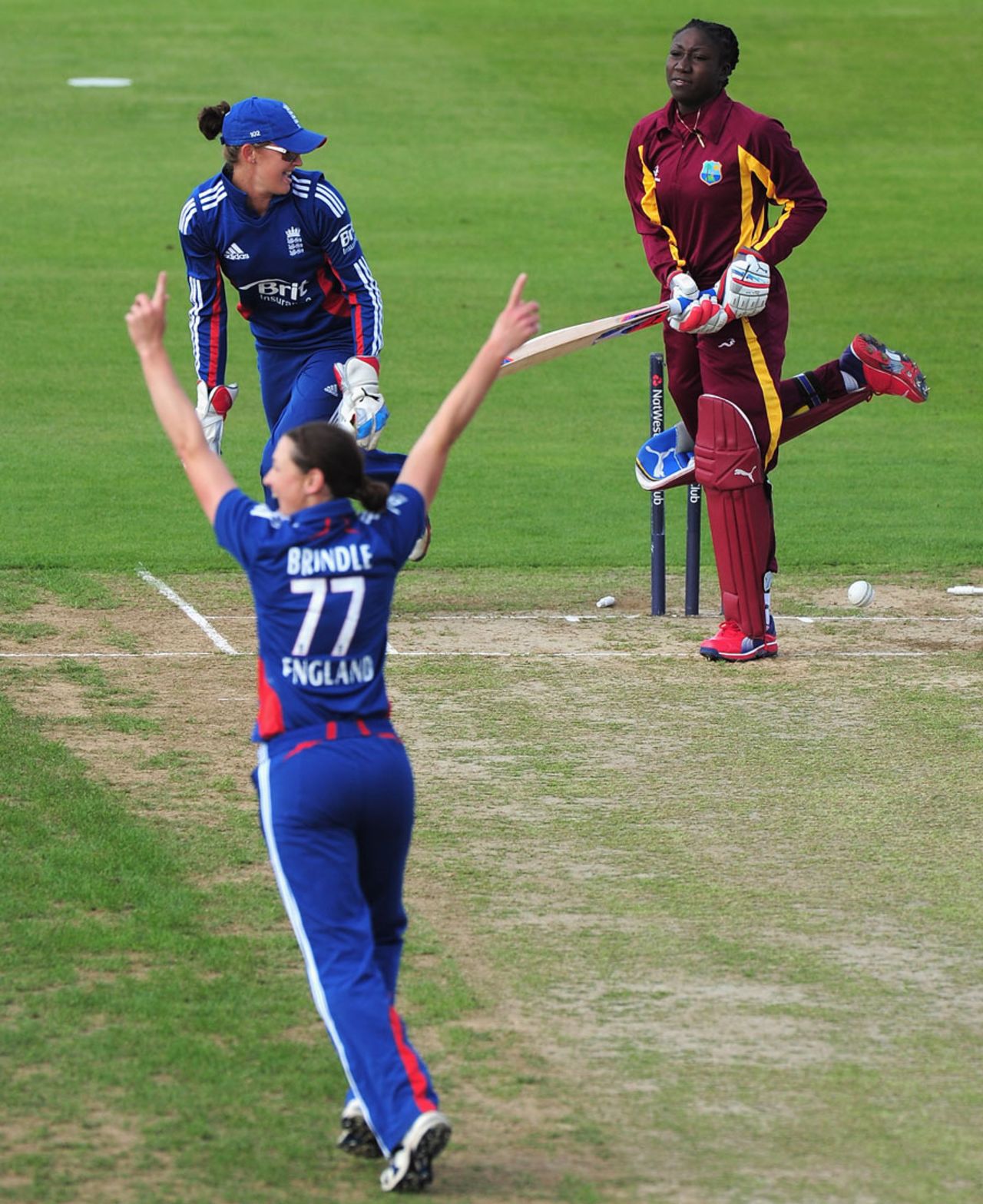 Arran Brindle celebrates bowling Stefanie Taylor, England Women v West Indies Women, 3rd T20I, Northampton, September, 13, 2012