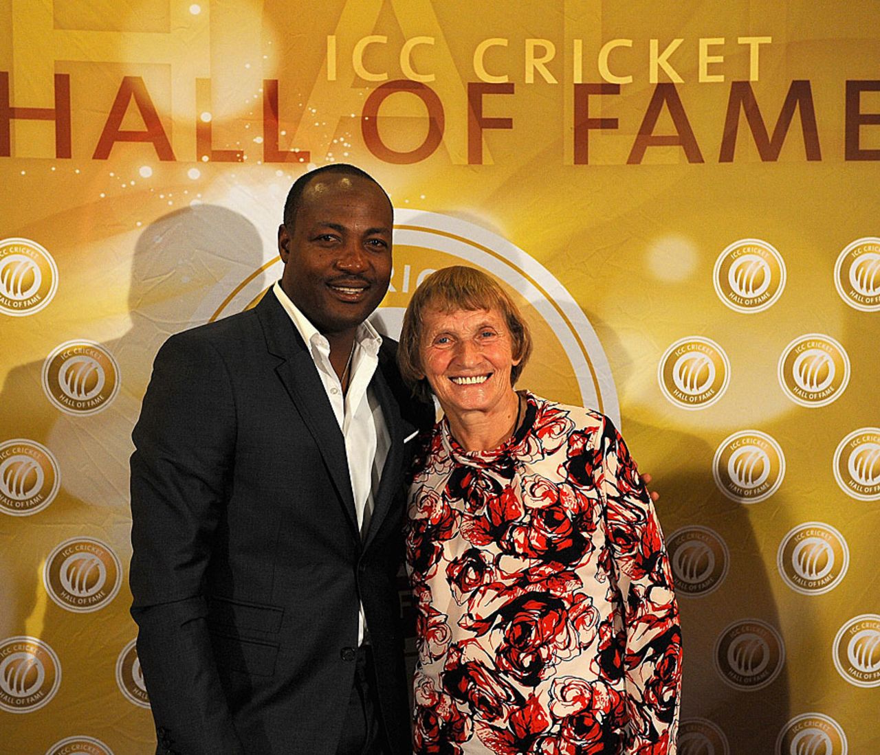 Brian Lara with Enid Bakewell of England, after the pair was inducted into the ICC's Cricket Hall of Fame, Colombo, September 14, 2012