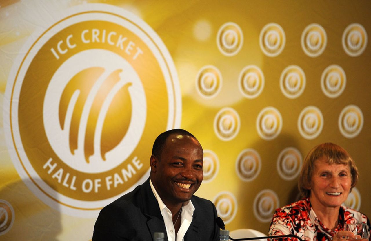 Brian Lara and Enid Bakewell address the media after being inducted into the Hall of Fame, Colombo, September 14, 2012