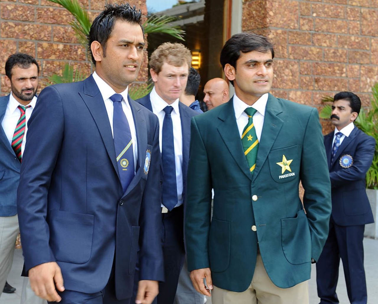 MS Dhoni and Mohammad Hafeez in Colombo before a group photograph, Colombo, September 15, 2012