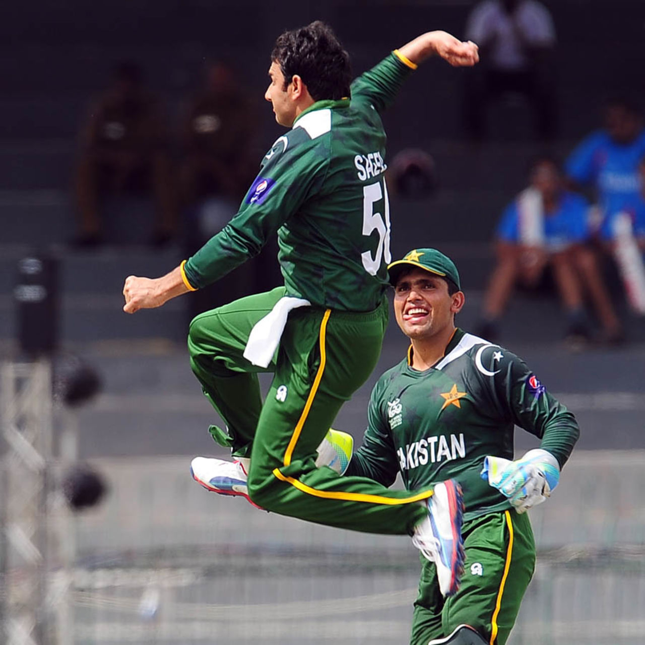 Saeed Ajmal celebrates after taking a wicket, India v Pakistan, World Twenty20 warm-ups, Colombo, September 17, 2012