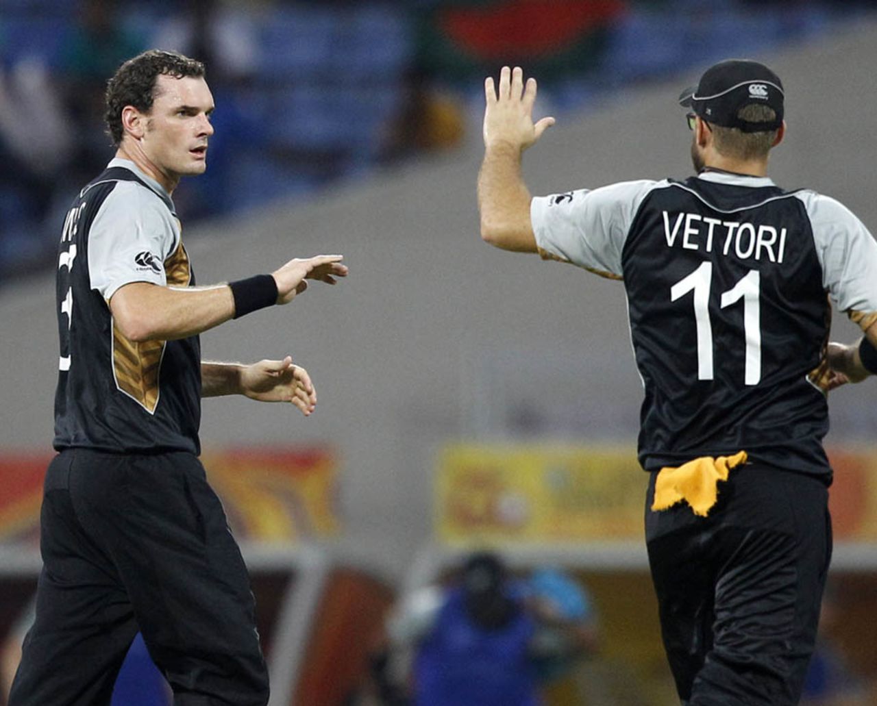 Kyle Mills celebrates a wicket with Daniel Vettori, Bangladesh v New Zealand, World Twenty20 2012, Group D, Pallekele, September 21, 2012