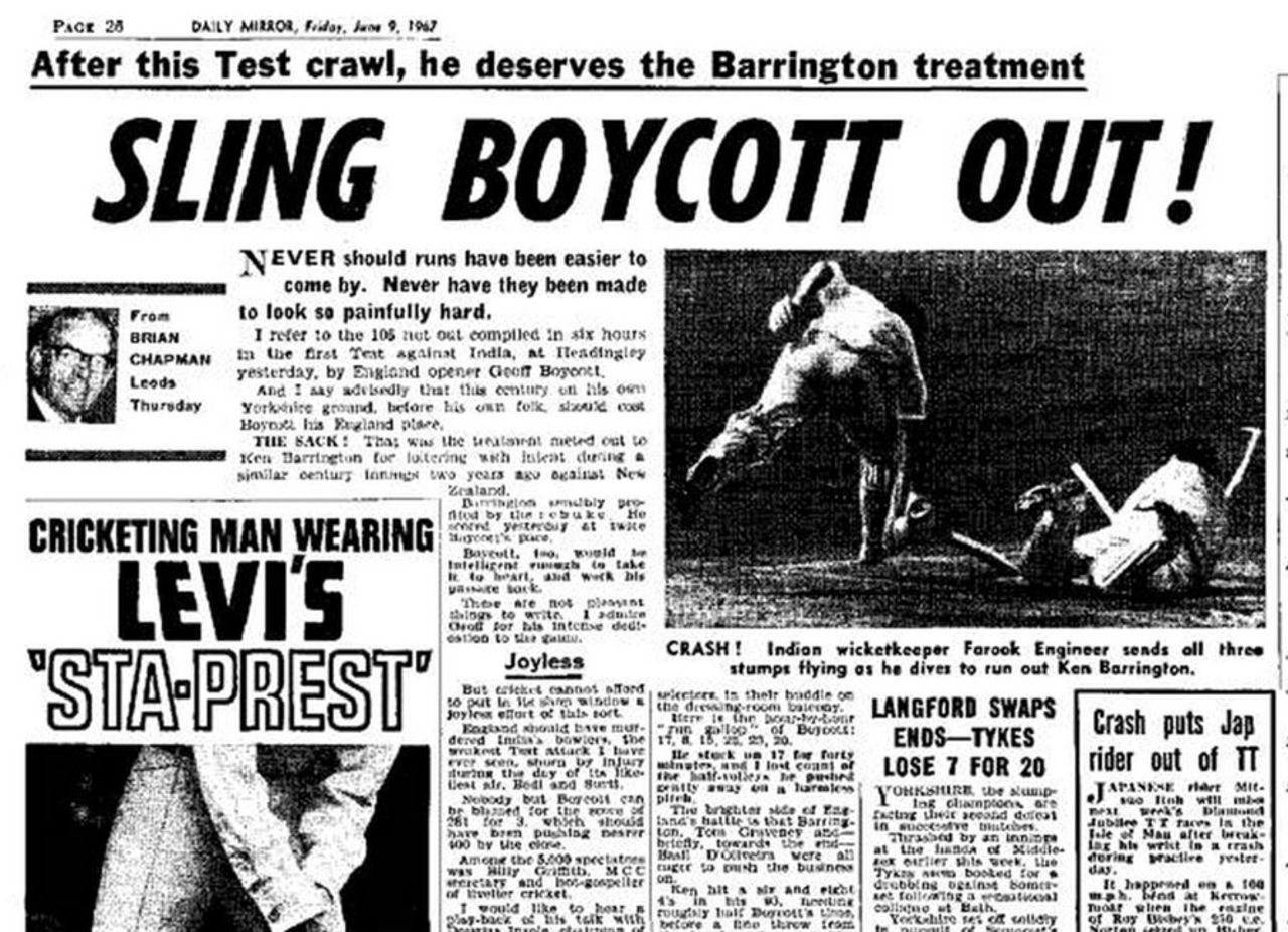 The <I>Daily Mirror</I> lambastes Geoff Boycott for his first-day crawl, England v India, 1st Test, Headingley, June 8, 1967 