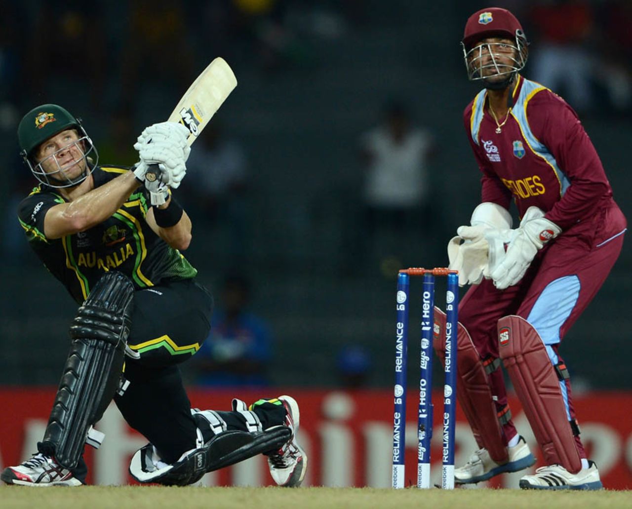 Shane Watson slog-sweeps a delivery, Australia v West Indies, World Twenty20 2012, Group B, Colombo, September 22, 2012