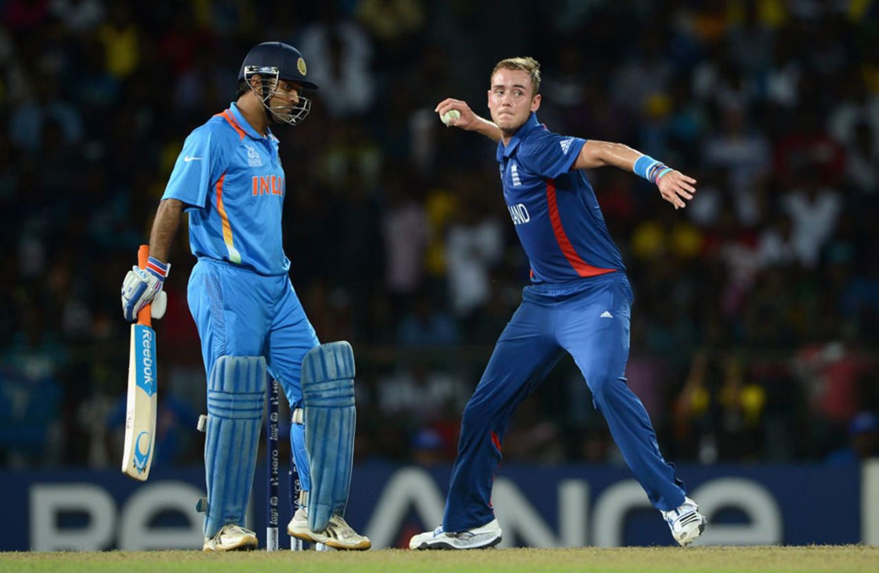 Stuart Broad goes for a run-out at the non-striker's end after collecting the ball from MS Dhoni's pad, England v India, World Twenty20, Group A, Colombo