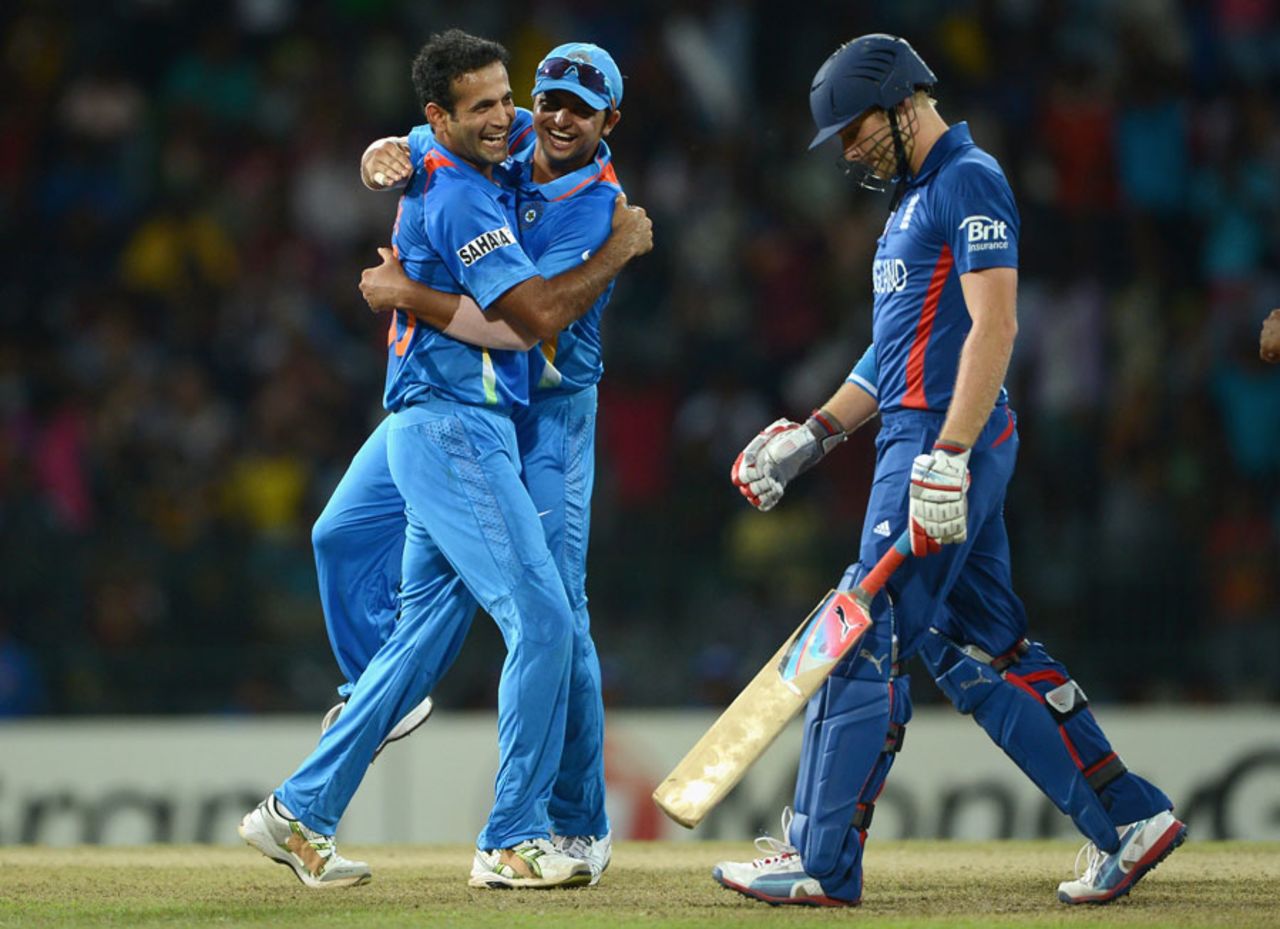 Irfan Pathan gets a hug from Suresh Raina after removing Luke Wright, England v India, World Twenty20, Group A, Colombo