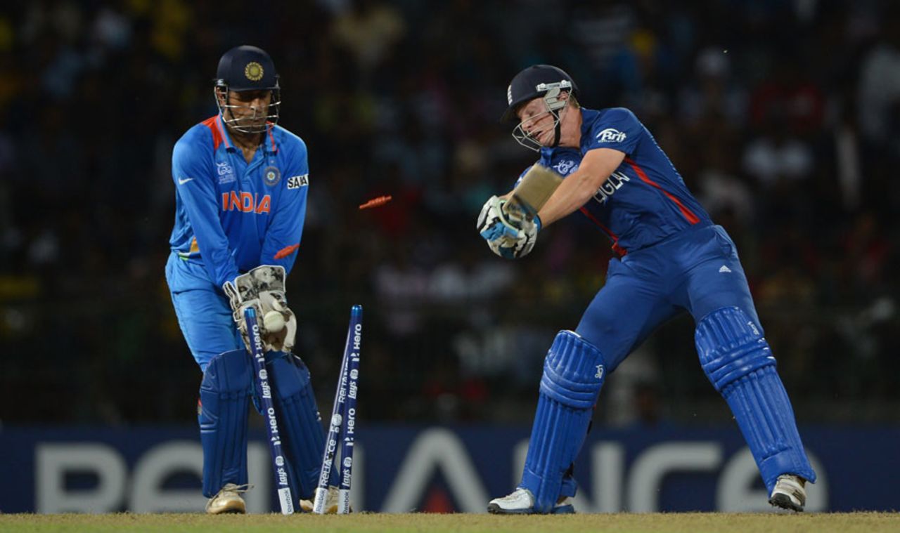 Jos Buttler is bowled as India's spinners ran riot, England v India, World Twenty20, Group A, Colombo