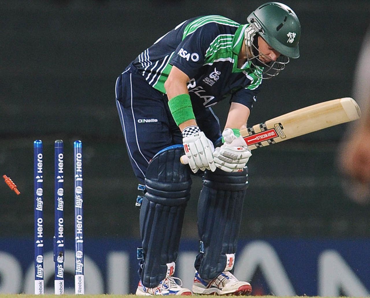 William Porterfield is bowled off the first ball of the match, Ireland v West Indies, World Twenty20 2012, Group B, Colombo, September 24, 2012