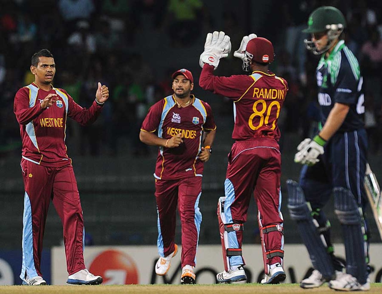 Sunil Narine celebrates the fall of Ed Joyce, Ireland v West Indies, World Twenty20, Group B, Colombo, September 24, 2012