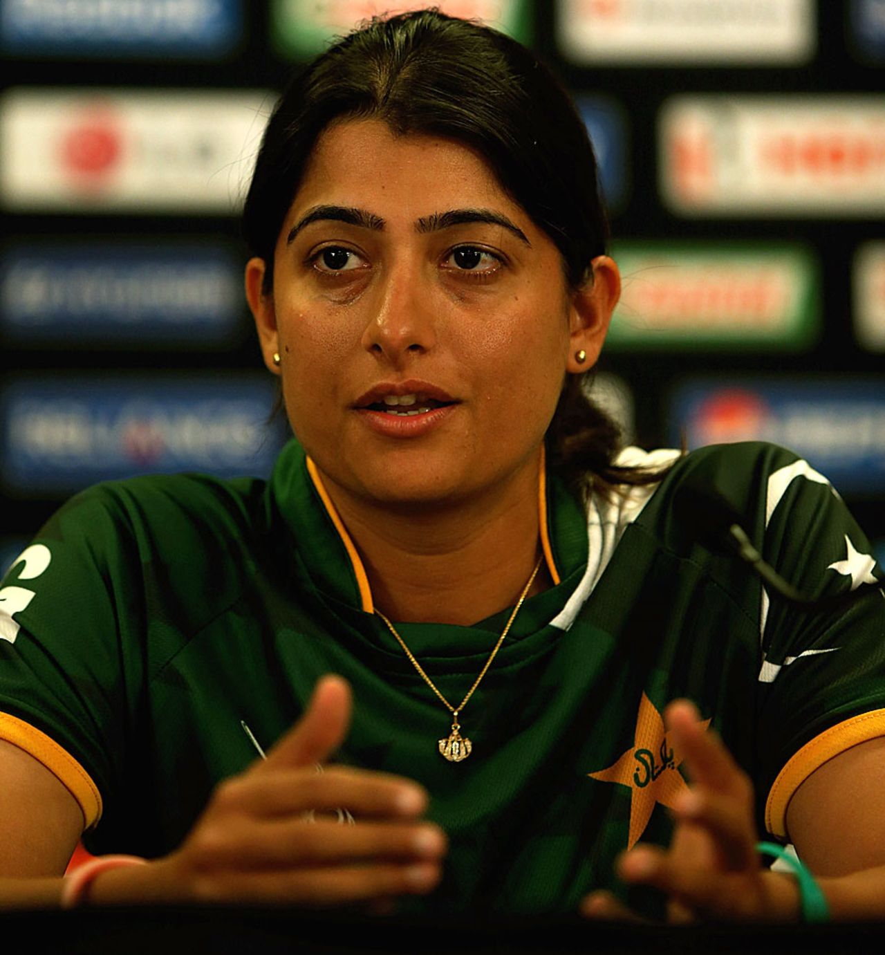Pakistan captain Sana Mir speaks at a press conference, Colombo, September 25, 2012