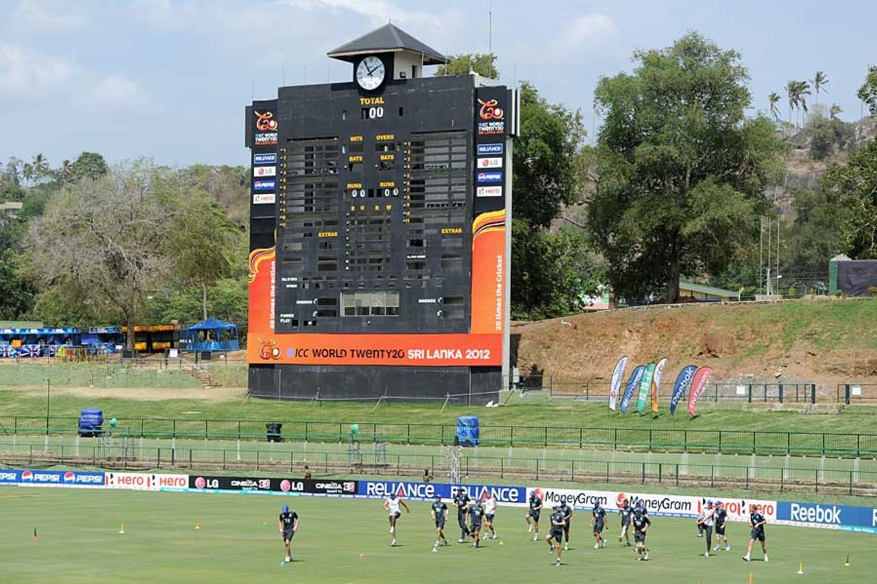 England train under the Pallekele scoreboard, Pallekele, September 26, 2012