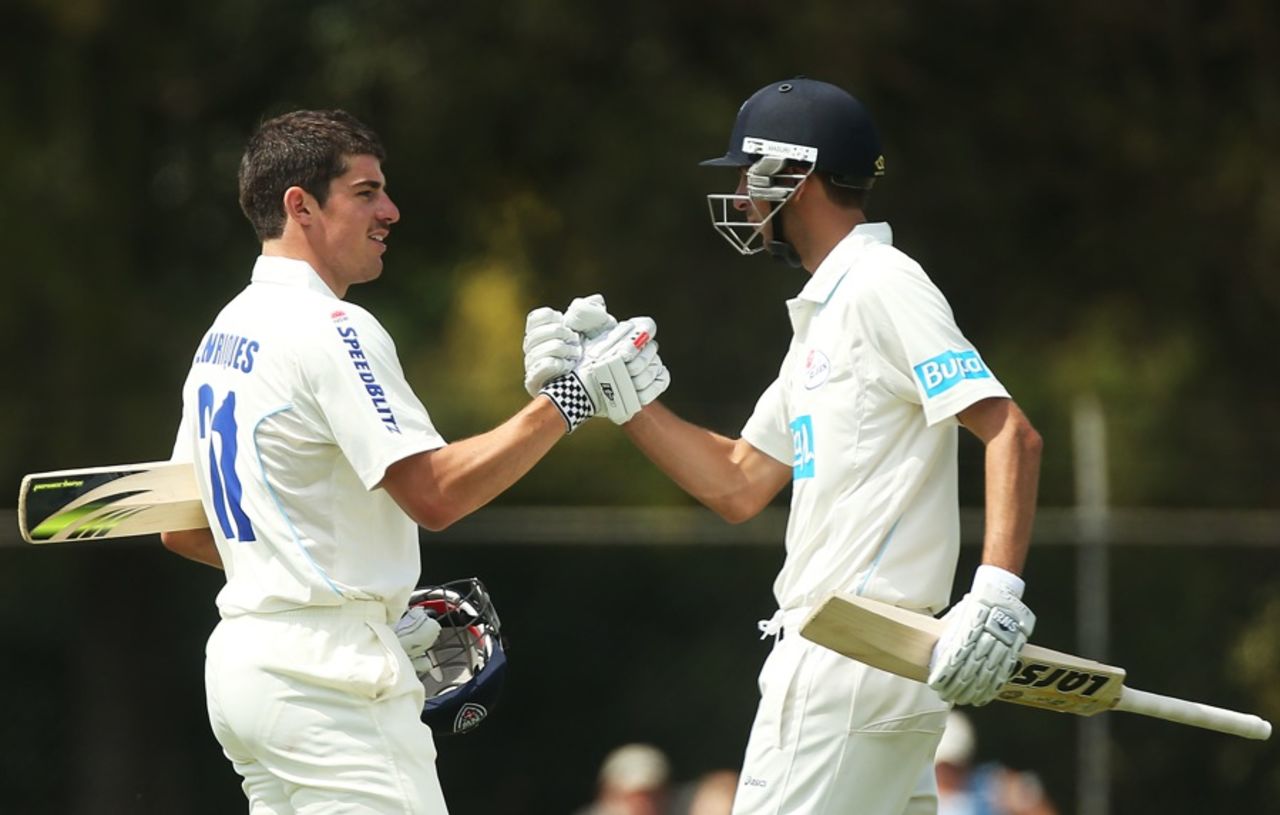 Moises Henriques is congratulated by Trent Copeland on reaching 150, NSW v Tasmania, Sheffield Shield, Bankstown Oval, day one, September 26, 2012