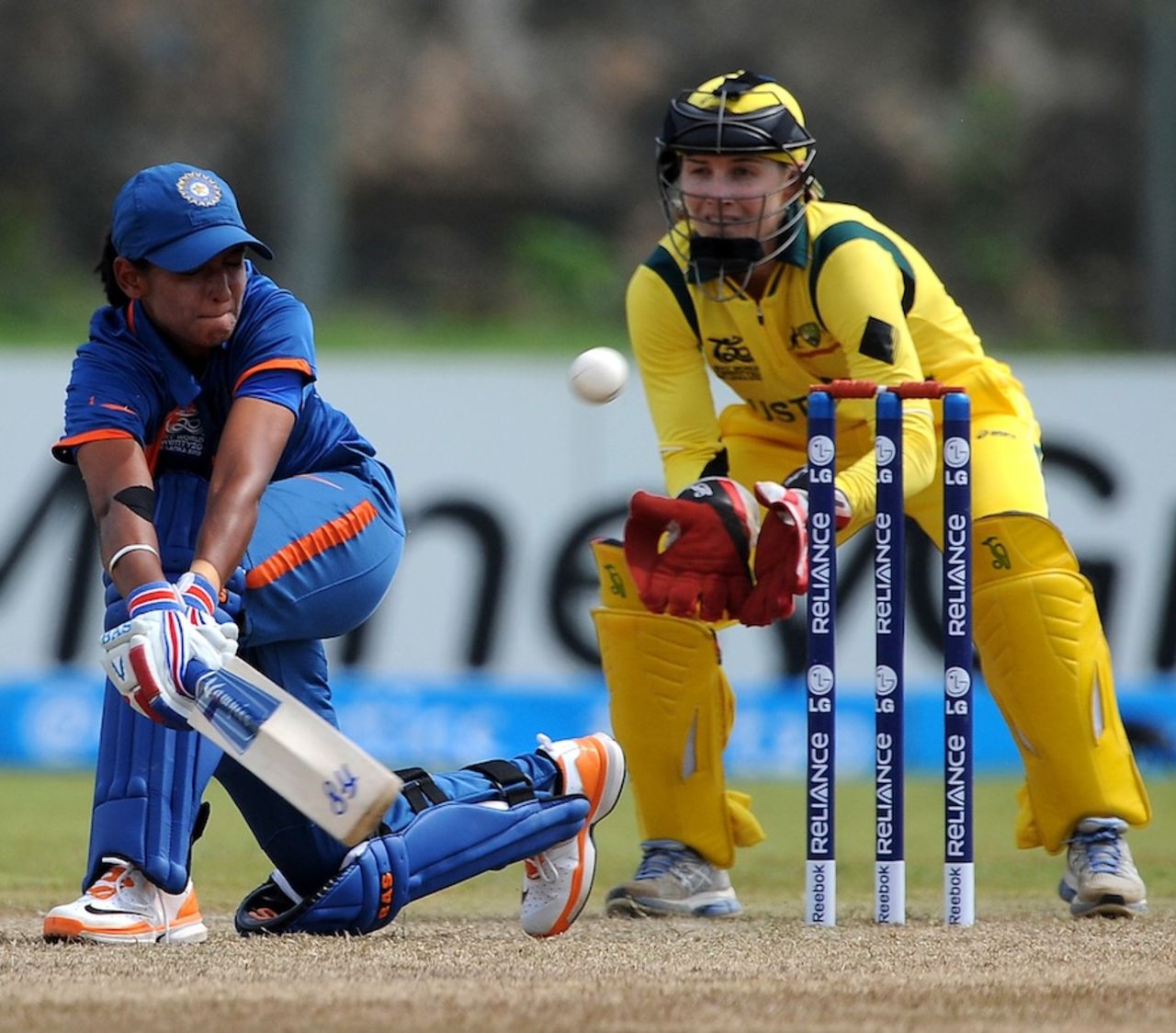 Harmanpreet Kaur plays a sweep, Australia v India, Women's World T20 2012, Group A, Galle, September 27, 2012