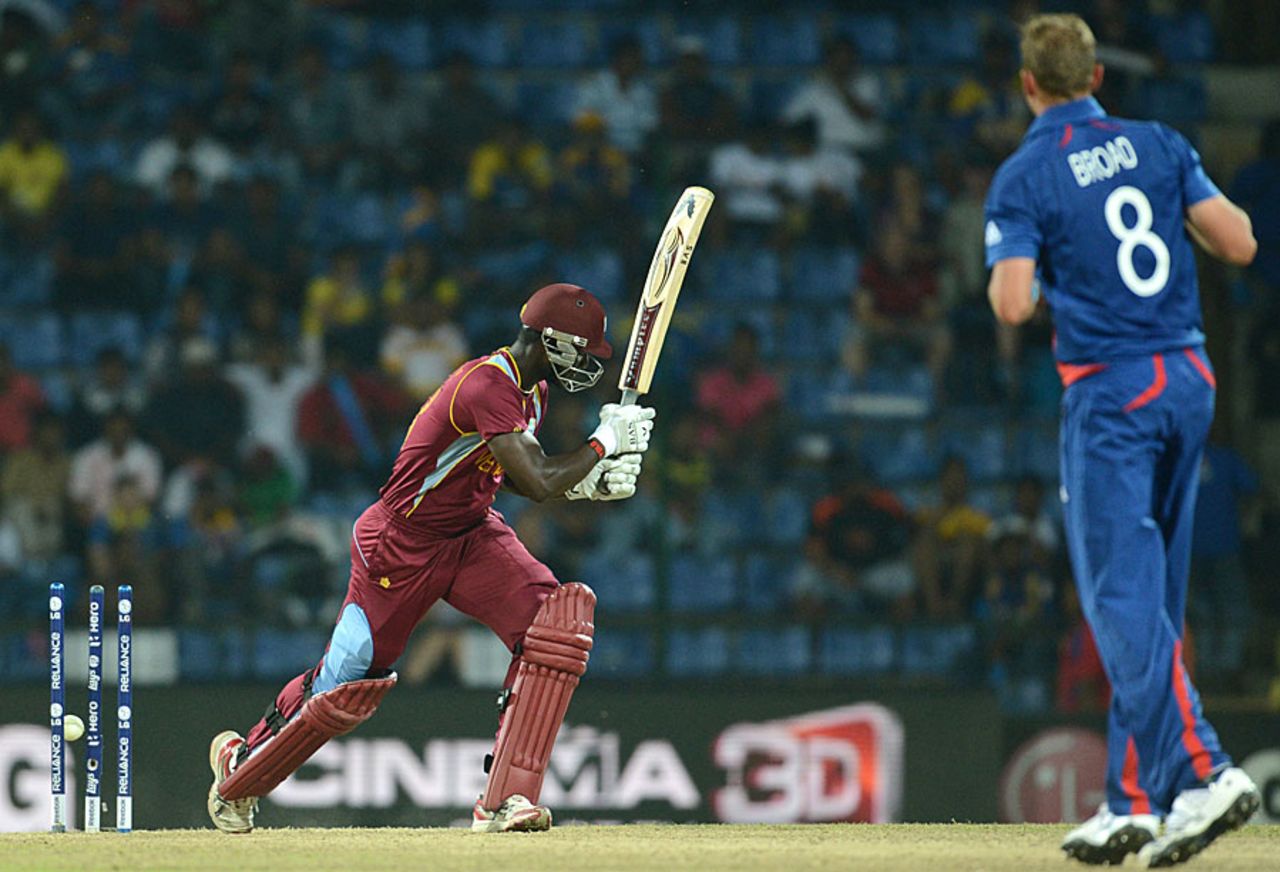Darren Sammy swings and Stuart Broad hits the stumps, England v West Indies, World Twenty20 2012, Super Eights, Pallekele, September 27, 2012