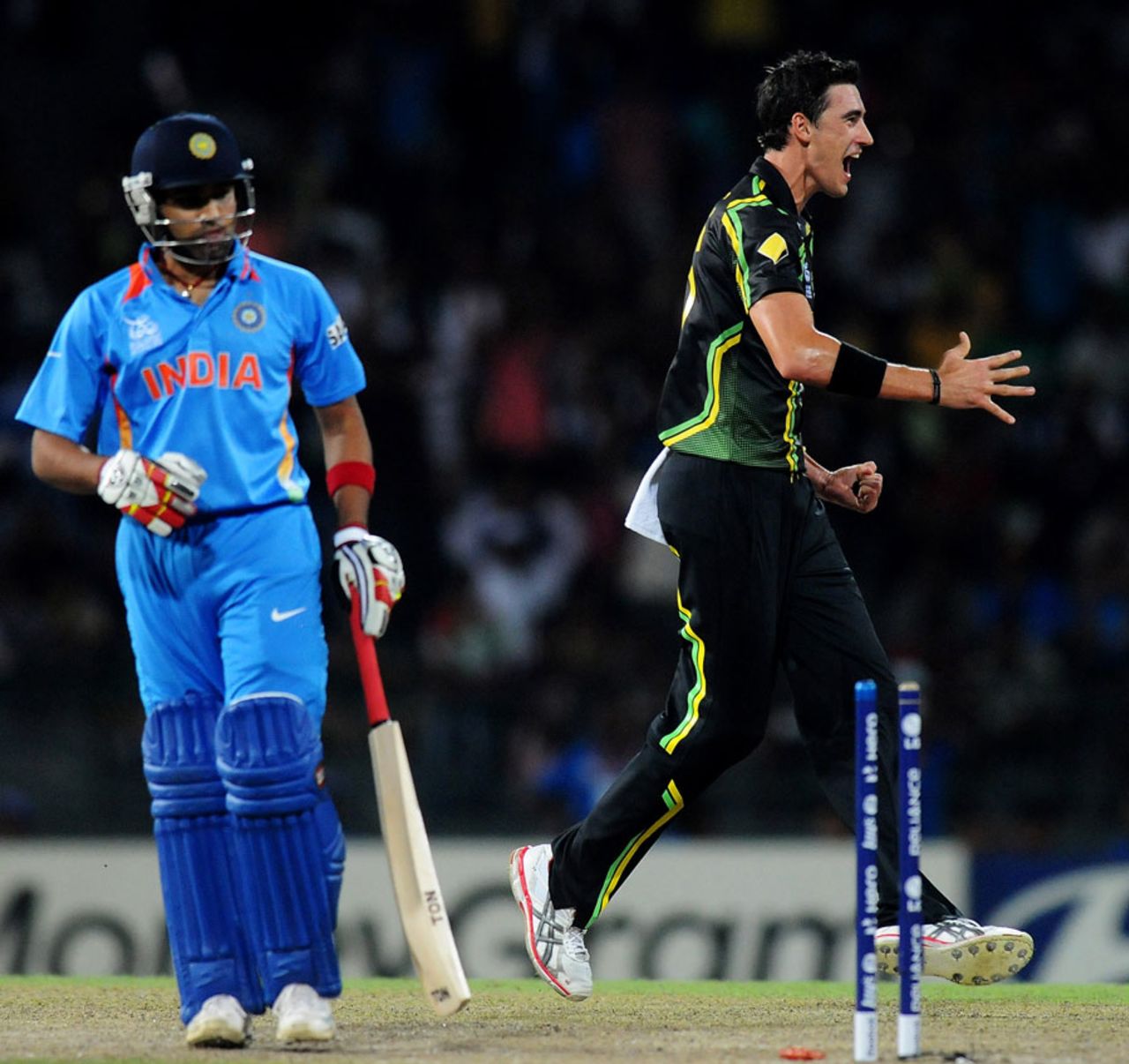 Mitchell Starc celebrates at knocking out Rohit Sharma's off stump, Australia v India, World T20 2012, Colombo, September, 28, 2012