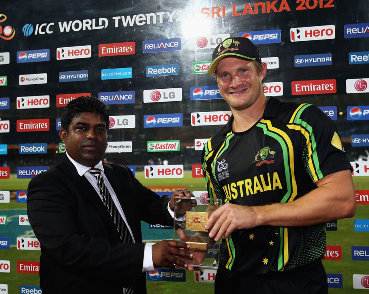 A familiar sight as Shane Watson collects a Man of the Match award, Australia v India, World T20 2012, Super Eights, Colombo, September, 28, 2012