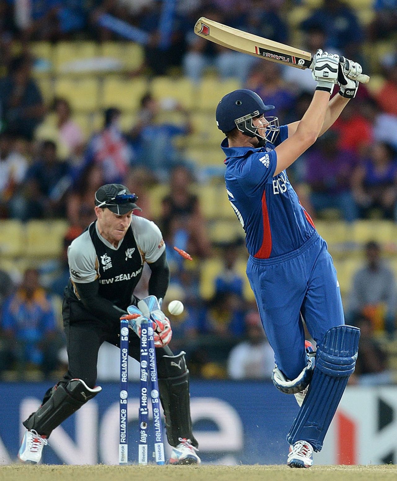 Alex Hales is bowled after giving Nathan McCullum the charge, England v New Zealand, World Twenty20, Super Eights, Pallekele, September 29, 2012