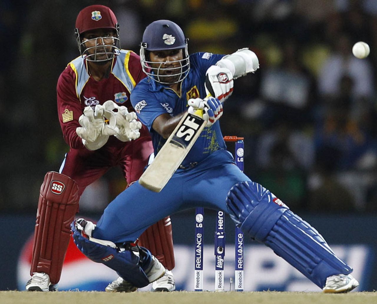 Mahela Jayawardene attempts an unorthodox shot, Sri Lanka v West Indies, Super Eights, World Twenty20 2012, Pallekele, September 29, 2012