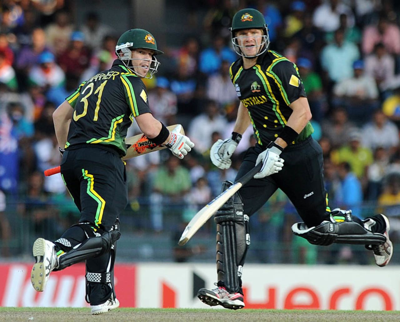 David Warner and Shane Watson run between the wickets, Australia v South Africa, Super Eights, World Twenty20, Colombo, September 30, 2012